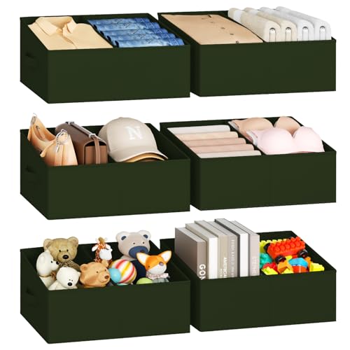 DIMJ Large Closet Shelf Organizer Bins 6 Packs with Handles and Divider, Fabric Trapezoid Storage Baskets, Foldable Clothes Containers Box for Shelf, Towel, Book, Toy, Purse, Hats, Green