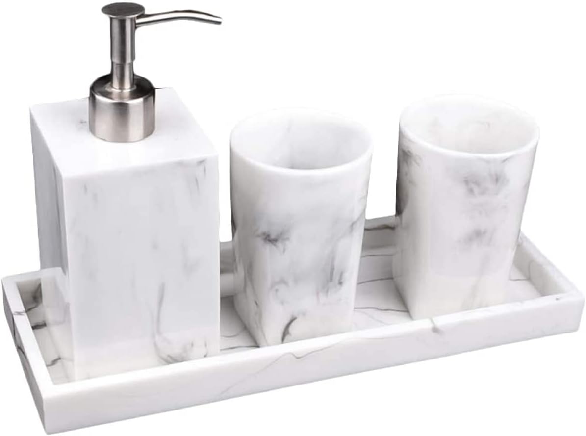 Bathroom Soap Dispenser Kitchen Countertop Marble Lotion Bottle Refillable Shampoo Container with Cups and Tray