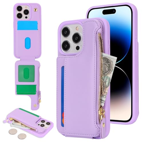 Étui portefeuille iPhone 14 Pro Cavor violet avec porte-cartes et fermeture éclair