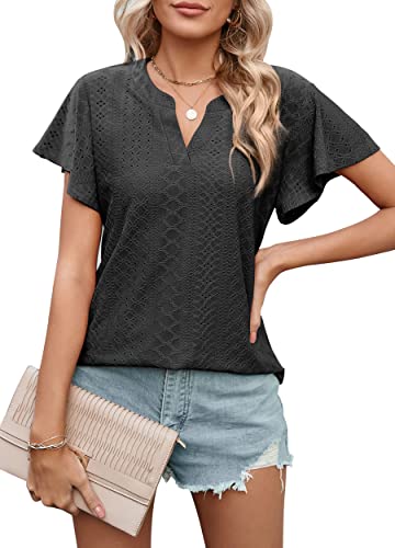 Heersan Tshirt Damen Kurzarm Bluse V Ausschnitt Musselin Casual Sommer Einfarbig Oberteile mit Rüschenärmeln Lässig Tunika für Damen Heersan Tshirt Damen Kurzarm Bluse V Ausschnitt Musselin Casual Sommer Einfarbig Oberteile mit Rüschenärmeln Lässig Tunika für Damen