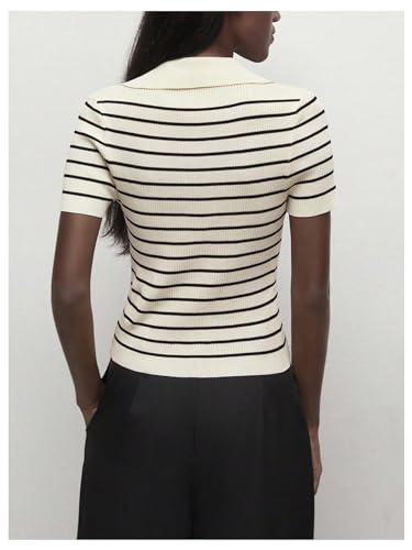 Verdusa Women's Old Money Striped Knit Tops Button Down Short Sleeve Sweaters Collared Tee Tops2