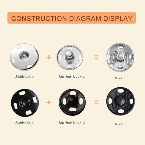 image for Willrain Sewing Snaps,120 Sets 8 mm and 10 mm,Black and Silver, Sew-on