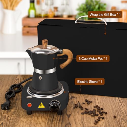 DITOSH 2-in-1 Moka Pot Espresso Set with Electric Stove 3 Cup Aluminum Stovetop Coffee Maker Percolator Italian Classic Mocha Coffee Machine for Italian and Cuban Cafe Brewing Portable Camping Black - Thumbnail 3