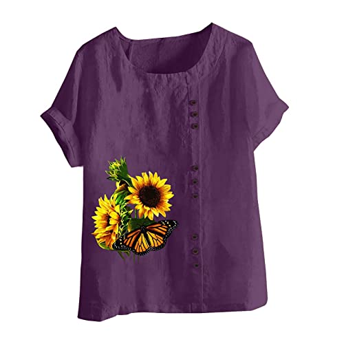Women Crewneck Button Short Sleeve Blouse Sunflower Butterfly Print Tee Top Loose Casual Cotton Linen Blouses Shirt #TOP3