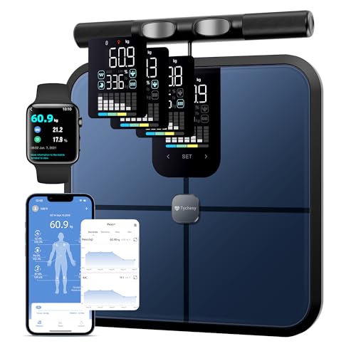 Tychesy Körperfettwaage mit Handsensoren, Digitale Personenwaage mit Körperfettanalyse, Smart Waage mit 8 Elektroden für Körperfett und Muskelmasse, BMI, und 28 Körpermesswerte, 180 kg