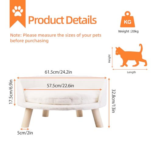 BingoPaw Hundesofa Hundecouch für kleine Hunde, erhöhtes Haustiersofa Hundebett mit Plüsch Hundekissen, katzensofa große Katzen, 61.5×32.8cm weiß