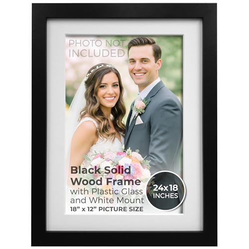 FRAMES BY POST 25mm Black Photo Picture Poster Frame with White Mount 24 x 18 For Pic Size 18 x 12 with Plastic Glass - Solid Wood Frames with Acrylic Glass for Pictures With Wall Hanging Hooks
