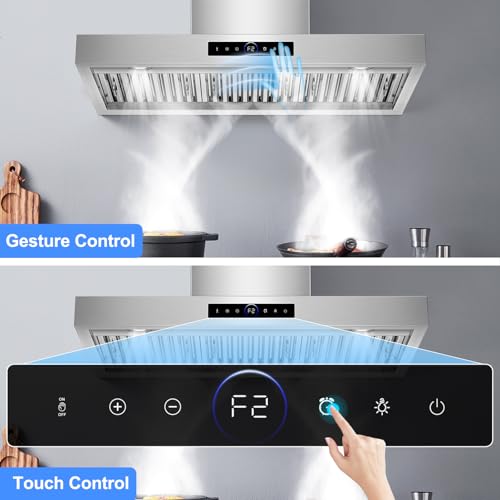 Image of 36 inch Wall Mount Range Hood, 1200 CFM with 4-Speed Gesture Sensing & Touch Control, Stainless Steel Kitchen Stove Vent Hoods with 2 LED Lights, Time Setting, Dishwasher-Safe Baffle Filters
