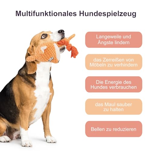 TONYFY Hundespielzeug, Hund Quietschspielzeug mit Knitterpapier, Plüschtier Hund Plüsch Kauspielzeug, Baumwollseil interaktives Spielzeug für Welpen, kleine, mittlere Hunde (Orange Fuchs)