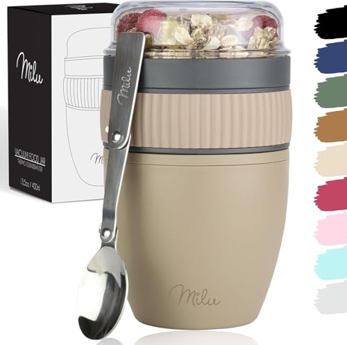 Milu Breakfast Cereal Cup with Spoon To-go Yogurt Pot Leakproof Overnight Oats Jar Breakfast Storage Container BPA Free for Office School Travel Picnic (Beige, 400ml)