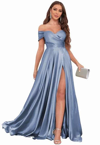 Image of SOLODISH Off The Shoulder Satin Prom Dresses for Women Long Formal Evening Party Dress with Slit