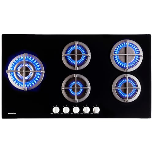 PremierTech Piano Cottura a Gas, 5 fuochi, 90 cm (87.8cm), Vetro Nero, Wok Supporti in Ghisa Professionali, predisposto Metano e kit ugelli GPL inclusi, Manopole in Alluminio, P590VL