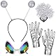Alaxciax 4 Stück Alien Kostüm Zubehör, Alien Haarreif mit Alien Brille Handschuhe Holographische Glitter Alien Accessoires für Damen Halloween Karneval Maskerade