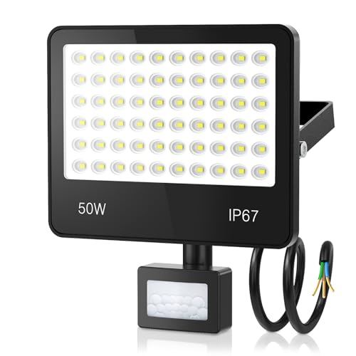 HAPYLUMI Foco LED Exterior con Sensor Movimiento 50W, 5000LM Proyector LED Exterior IP67 Impermeable, 6500K Blanco Frío Floodlight Iluminación de Seguridad para Garaje Jardín Patio Terraza