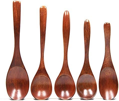 Wooden Spoons 5 Pieces, Wooden Soup Spoons Set for Eating Mixing Stirring Cooking, HOPEBIRD Long & Short Wood Handle Spoon with Japanese Style Kitchen Utensil, Mixing, Eating & Stirring on Kitchen