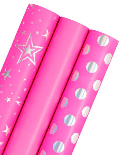 WRAPAHOLIC Pink Girls Wrapping Paper Roll - Mini Roll - 3 Roll - 17 Inch x 120 Inch - Foil Wrapping Paper for Kids Girls Birthday Baby Shower Wedding Bridal Shower
