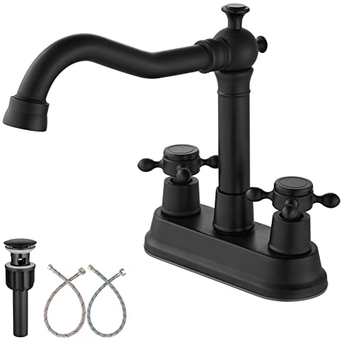 Aolemi Grifo de lavabo de baño de latón negro mate de 4 pulgadas con doble cruz de metal, mango mezclador montado en la cubierta de vanidad, grifo de lavabo 3 agujeros incluye manguera de agua