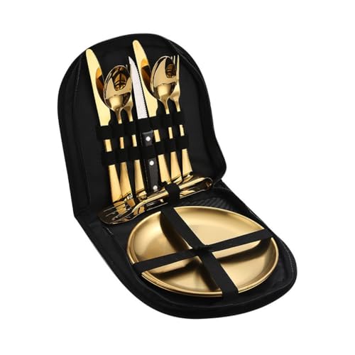 Sefoemutカトラリーセット セット 戸外炊事道具 ステンレス鋼 調理器具セット箸 スプーン フォーク ナイフ ステンレス製 おしゃれ コンパクト キャンプ バーベキューアウトドア 収納袋付き キャンプ食器 調理器具 (ゴールドペアセット(ブラックバッ