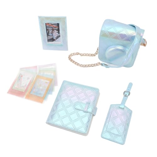 Bolsa de Couro PU Com Design Xadrez Quadrado Bordado, Alça Ajustável, para Mini12, Com álbum de Fotos, Moldura de Foto, Adesivos (Azul)