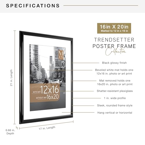 Image of MCS Trendsetter Poster Frame With Mat Option, 16x20 Matted to 12x16, Black | Trendsetter Poster Frame For Photos, 16x20 Inch, Displays 12x16 Inch Matted Or 16x20 Unmatted, Black, 1-Pack