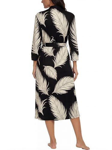 Image of VINTATRE Robes for Women Long Knit Bathrobe XS-4XL | 3 /4 Sleeve Bathrobes with Pockets, Stretchy and Lightweight Fabric, Inner Tie and Fixed Outer Matching Belt, Mid Calf Length