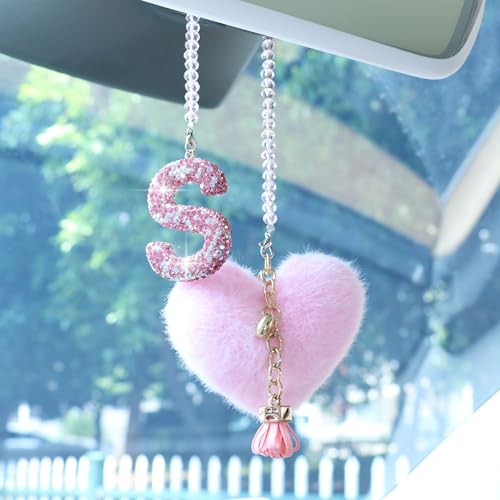MOTOFITOOL Bling Car Letter Charm, Rear View Mirror Ornament, Cute Hanging Crystal Pendant, Lucky Diamond Rhinestone, Women Auto Decor, Car Mirror Hanging Accessories(S, Pink Tassel Heart)