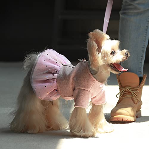Fitwarm Dog Tulle Dress Harness With D Ring + Leash Set, Dog Winter Clothes For Small Dogs Girl, Cat Apparel, Woolen, Pink, Medium #TOP1