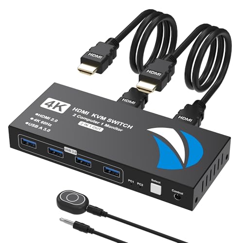 KVMスイッチ HDMI 2入力1出力 PC2台用 手元スイッチ付き パソコン2台モニター1台切り替え 4K@60Hz KVM HDMI切替器 4 USB3.0ポート 5Gbps 高速転送 USB 切替器 キーボード/マウス/プリンター/他のデバイス対応 ＵＳＢイッチャー PC切替機 マウス キーボード 切り替え ＨＤＭＩケーブル/ＵＳＢ3.0ケーブル/日本語説明書付き