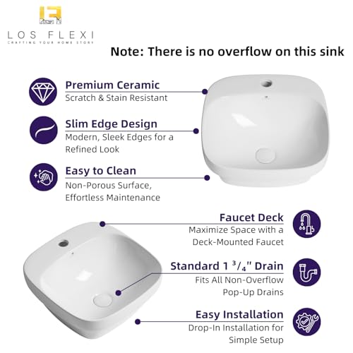 Image of 17″L x 17″D Drop-In Bathroom Sink with Included Pop-Up Drain, Los Flexi White Semi-recessed Bathroom Sink for Vanity, Modern Square Vessel Sink, One Faucet Hole, Above Counter Basin for Small Bathroom