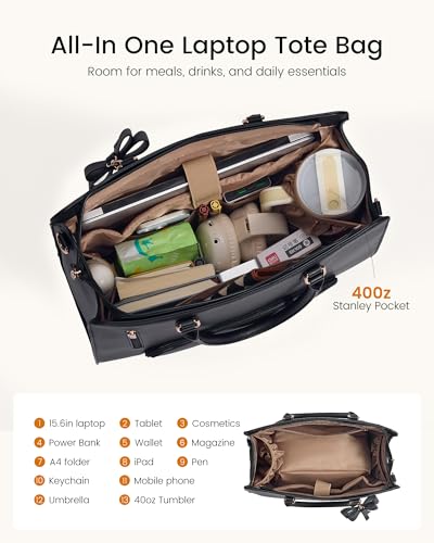 Image of LOVEVOOK Laptop Tote Bag for Women,Leather Work Bag with Tumbler Holder