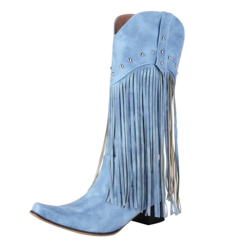 Image of KiutSymo Mid Calf Fringe Boots For Women Cowboy Pointed Toe Chunky Heels Cowgirl Western Tassel Boots