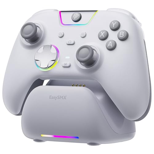 Image of EasySMX X05Pro Wireless PC Gaming Controller with Smart Charging Dock - Full Quiet Buttons, Dual-Stage Linear Triggers, 8-Way D-Pad, Programmable Buttons, Hall Effect Joysticks, 1000mAh Long Battery Life, 1000Hz Polling Rate, Compatible with PC /Switch /Android /iOS, White.