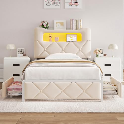 Image of Twin Upholstered LED Bed Frame with 2 Storage Drawers and 2-Tier Storage Bookcase Headboard, Velvet Princess Platform Bed for Kids /Girls /Boys, Heavy Duty Metal Support, No Box Spring Needed, Beige
