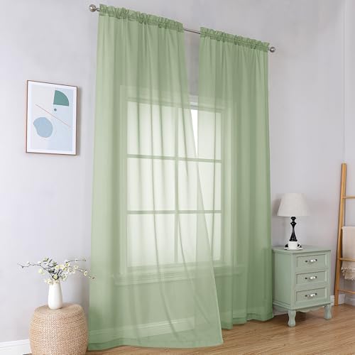 Image of Simplebrand Rod Pocket Top Solid Voile Sheer Curtains for Bedroom, 54 Inch Length Drapes Set of 2, Lightweight and Light Filtering Elegant Curtains Panels Window Treatment, 42Wx54L, Light Green