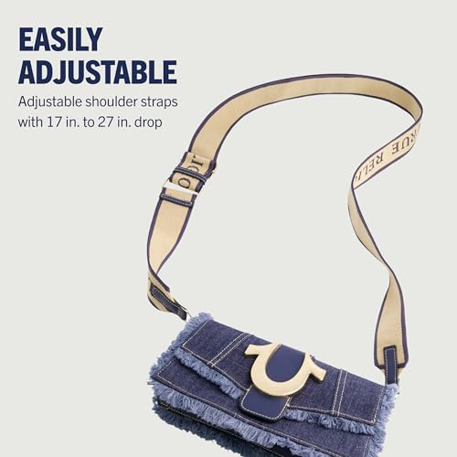 True Religion Women's Shoulder Bag Purse, Frayed Denim Mini Flap Crossbody Handbag with Horseshoe Logo, Denim4