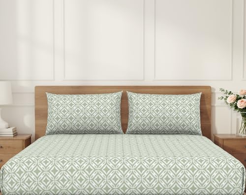 Image of Welspun ENZO King Size Fitted Bedsheet with 2 Pillow Covers | 360 Elastic | 100% Pure Cotton | 72 x 79 Inches | Soft, Breathable, Lightweight & Easy Care | Frosty Green