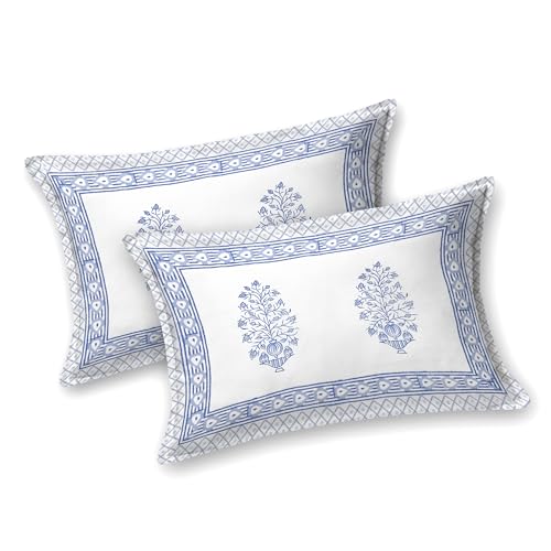 Image of BLOCKS OF INDIA Hand Block Printed 200 TC Cotton King Size Bedsheet (Blue Leaf)