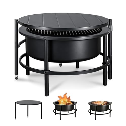 Outdoor Fire Pits with Grill and Roating Table, Extra Large BBQ Firepits for Outside Wood...