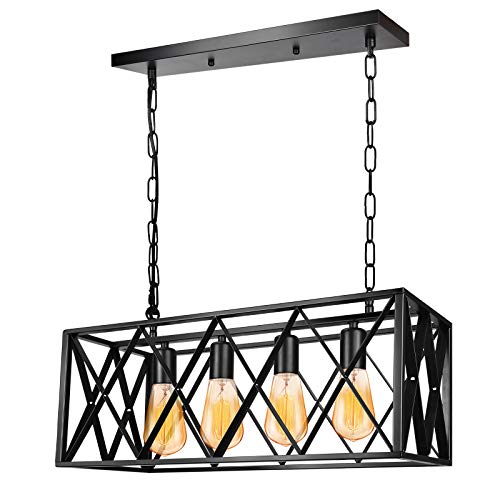 Industrial Kitchen Island Pendant Light Fixture, E26 Vintage Rectangular Pendant Lighting, 4-Light Black Metal Hanging Light, Rustic Light Fixtures for Kitchen Farmhouse Dining Room