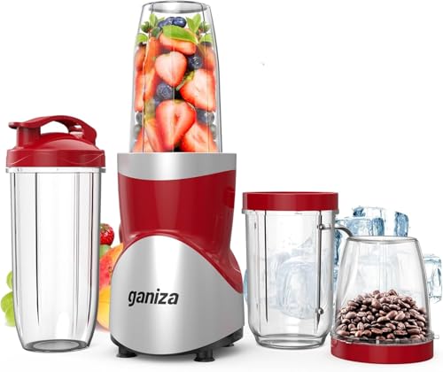 Smoothie Blender, Ganiza Blenders for Smoothies with 15-Piece Blender and Grinder Combo, 4 BPA-Free Personal Blender Cup, for Shakes, Protein Drinks, Fruit Vegetable Drink, Nuts, Coffee Beans, RED