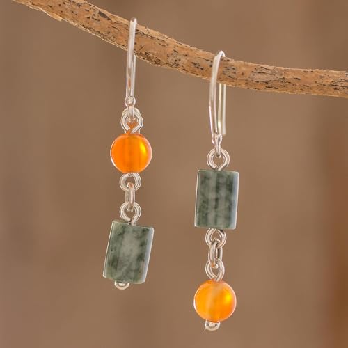 NOVICA Artisan Jade and Carnelian Dangle Earrings from Guatemala Sterling Silver Gemstone Birthstone [1.6 in L x 0.2 in W x 0.2 in D] ' Sunny Viridian'4