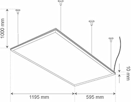 Diagram showing dimensions of Tecnolite PAN-LED/72W/40/S LED Panel and suspension points