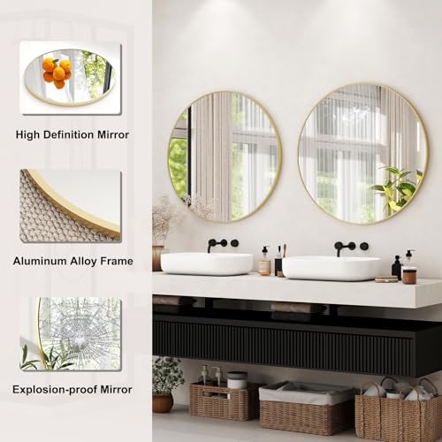 Image of EASLY 32 Inch Round Mirror, Gold Metal Frame Wall Mirror for Bathroom