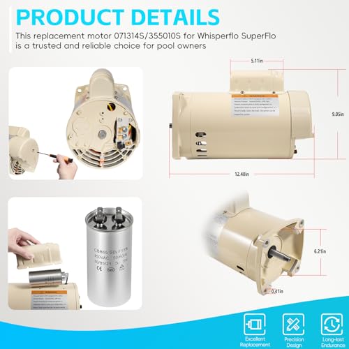 355010S Replacement Motor Energy Efficient Pool Pump Motor for WhisperFlo SuperFlo High Performance Pool Pumps WFE-4 WFE-26, 1 Speed, 1HP, Replace for 071314S 355010S Square Flange Motor