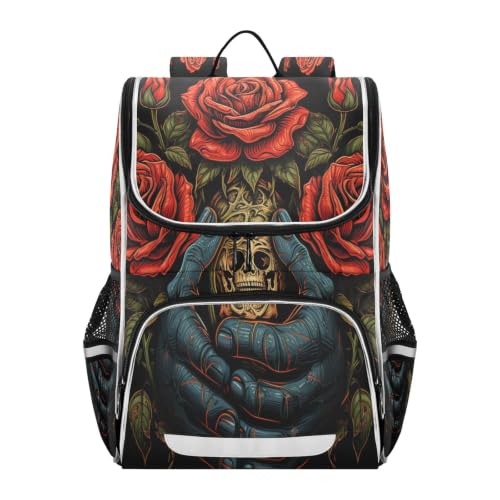 Sac à dos scolaire grande capacité avec motif crâne rose tendance pour élève