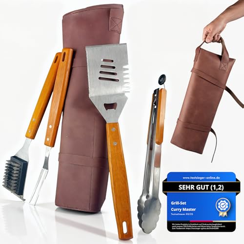Curry Master Grillset für Männer Geschenk in Ledertasche – Grillbesteck Set aus Edelstahl - 3-in-1 Spachtel & Reinigungsbürste – Ideales Grill Set Männer Geschenk, Grill Geschenke für Männer