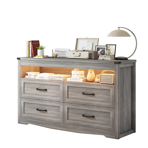 Image of Wodeer Grey Dresser for Bedroom, Wooden 4 Drawer Dresser with LED Light, Dressers & Chests of Drawers with Metal Handles, Storage and Organization for Bedroom, Hallway, Entryway, Gray