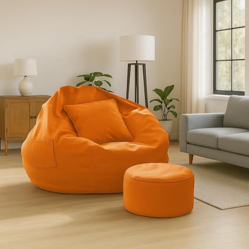 Image of IVIKA Bean Bag with Stool & Cushion | XXXXXL Size Premium Leatherette Bean Bag for Gaming, Living Room & Bedroom (5XL - Orange)