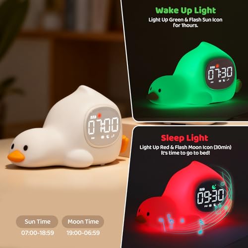Image of Laying Duck Alarm Clock with Night Light for Kids with Sleep Training and Sound Machine, Rechargeable Silicone Lamp OK to Wake Clock,Cute Animal Tabletop Lamp, Perfect Sleep Companion for Boys Girls