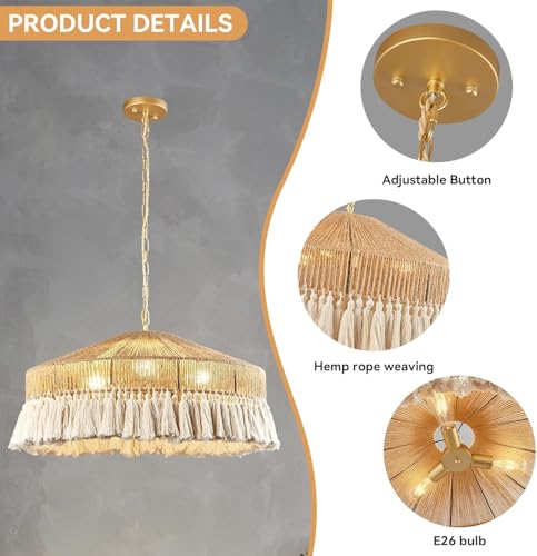 Image of Boho Pendant Light Fixture Bamboo Hanging Light Rattan Woven Wicker Shade Chandelier for Dining Living Bedroom Kitchen Farmhouse Round Raffia Lamp (Bulb not Included)
